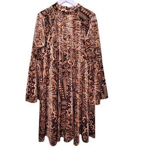 Uncle Frank Velvet Paisley Dress Brown Bell Sleeve 70s Retro Bohemian Hippie M
